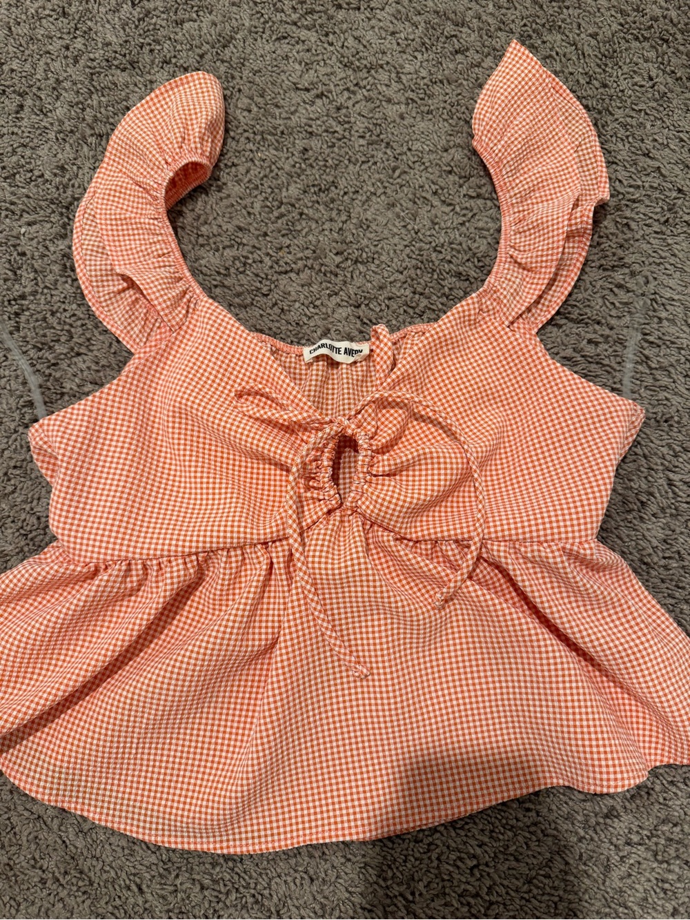 orange gingham front tie peplum top